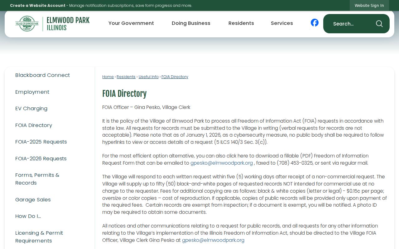 Elmwood Park residents directory Village FOIA directory