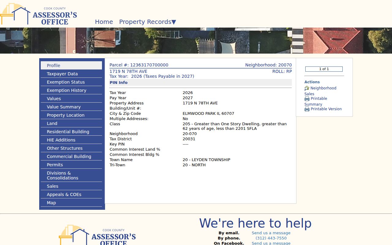 Cook County Assessor sample parcel details for an Elmwood Park property