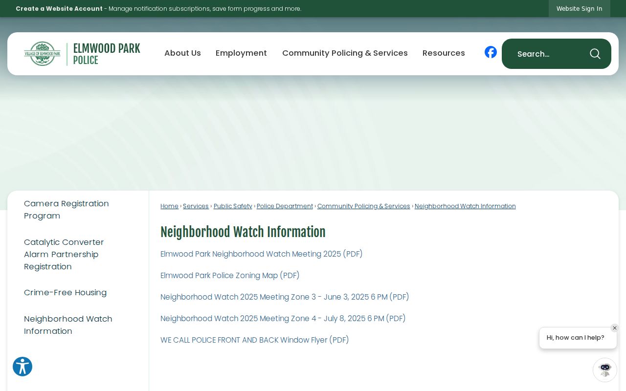 Elmwood Park Neighborhood Watch zone information and public meeting materials