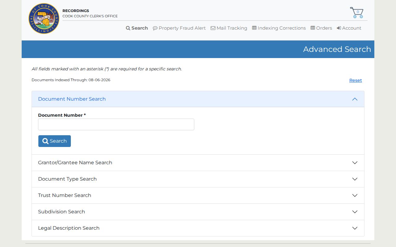 Cook County Clerk grantor, grantee, document, and legal-description search controls