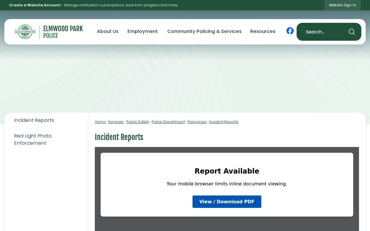 Elmwood Park street directory incident report request page